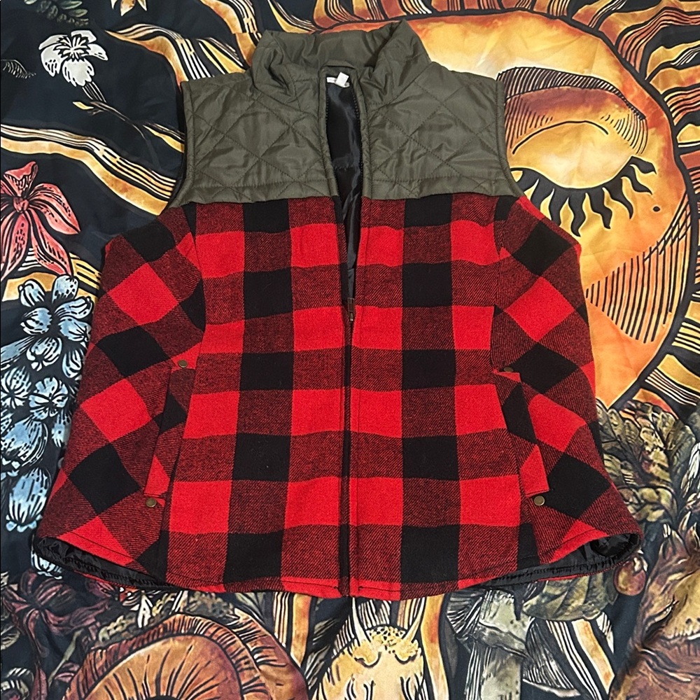 Maurices Red and Black Checkered Vest with Olive Quilted Shoulders
